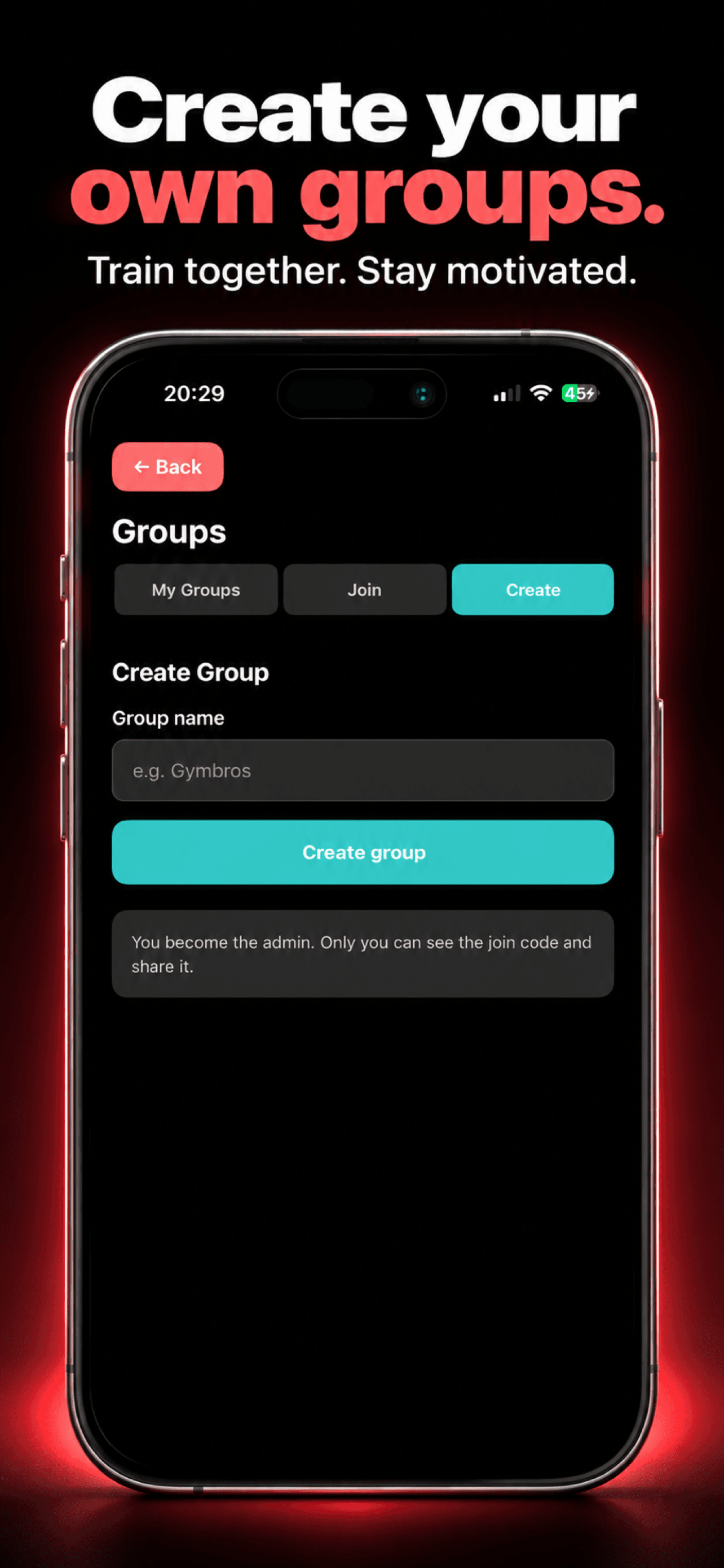 GymBro app screen for creating a group and sharing the join code